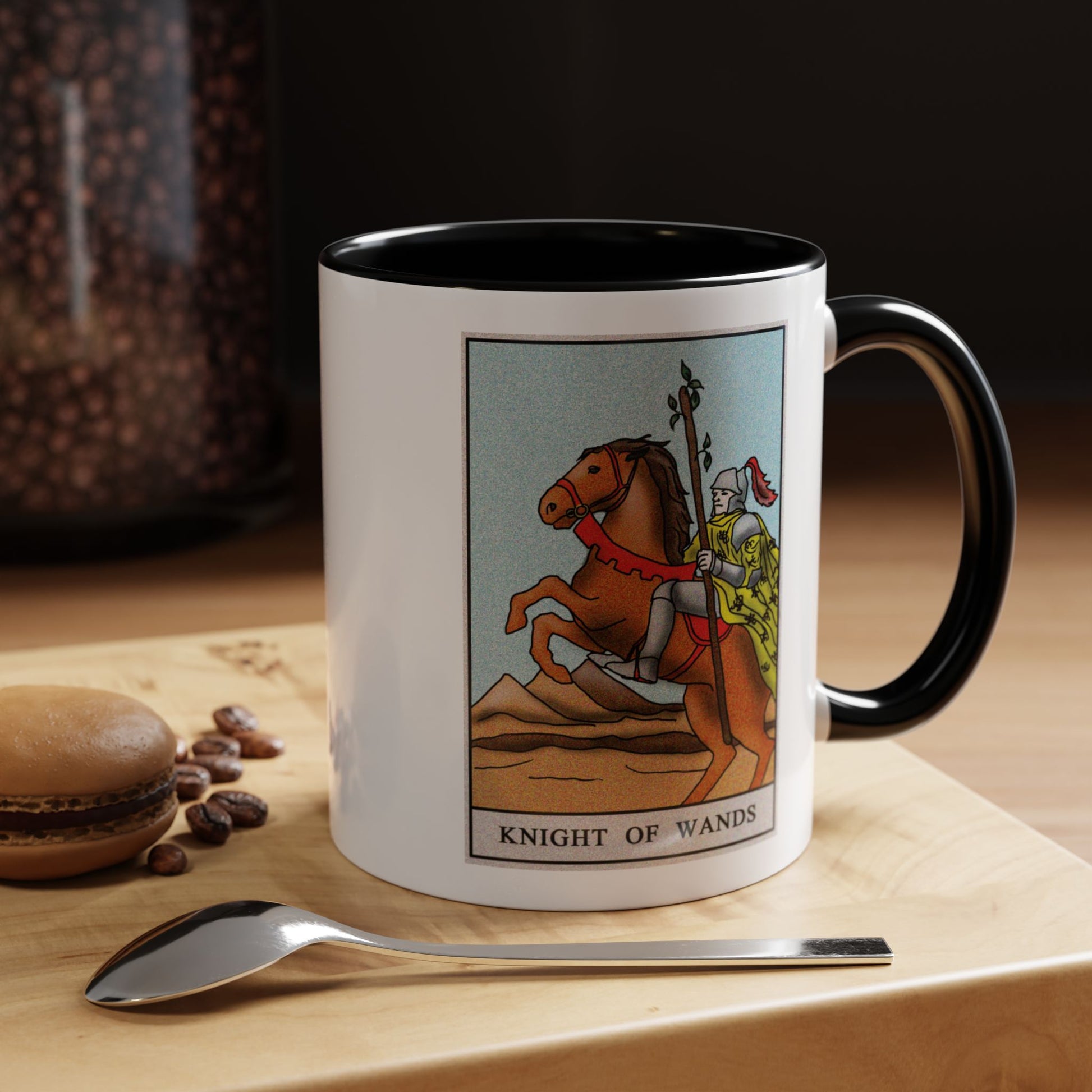 Knight of Wands Tarot Card Coffee Mug - Double Sided Print, Black Accent White Ceramic, 11oz by TheGlassyLass.com