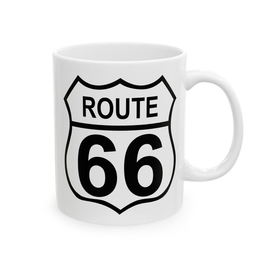 Route 66 Highway Sign Coffee Mug - Double Sided Print, White Ceramic, 11oz by TheGlassyLass.com