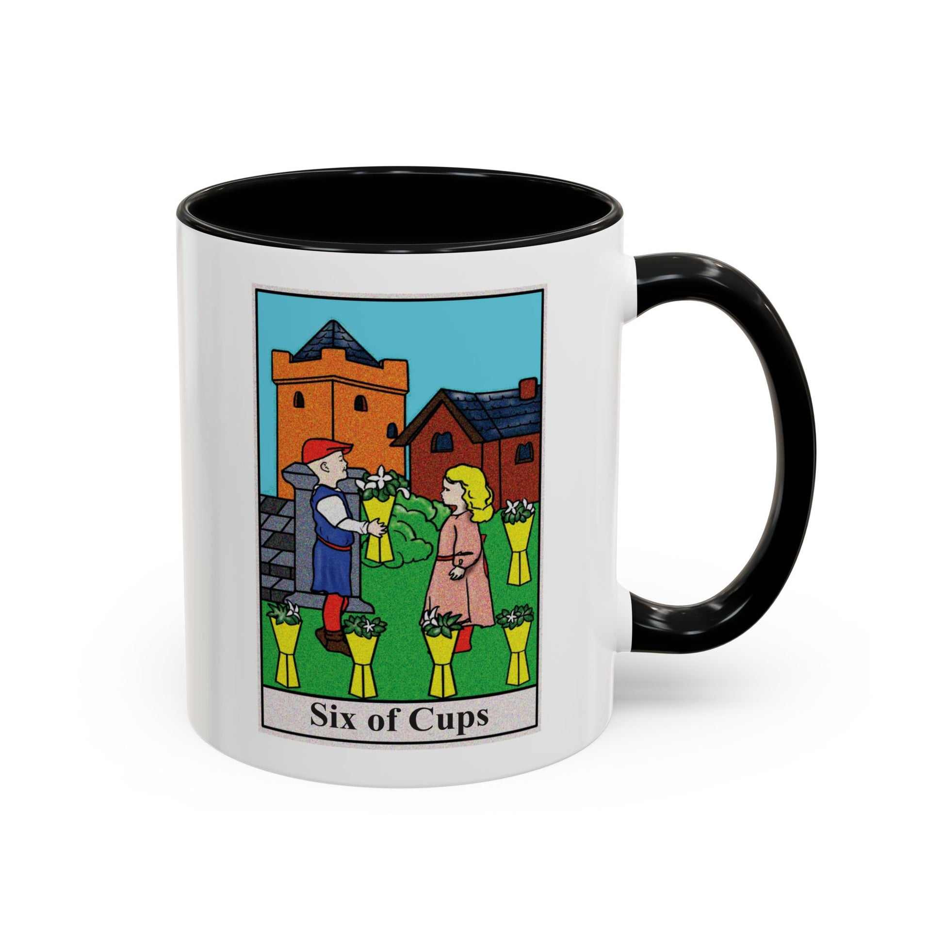 Six of Cups Tarot Card Coffee Mug - Double Sided Print, Black Accent White Ceramic, 11oz by TheGlassyLass.com