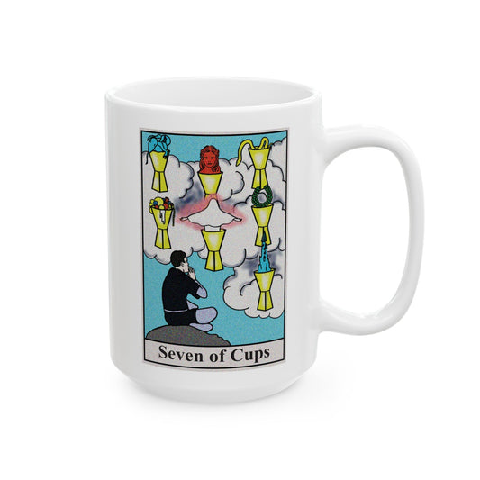 Seven of Cups Tarot Card Coffee Mug - Double Sided White Ceramic 15oz by TheGlassyLass.com