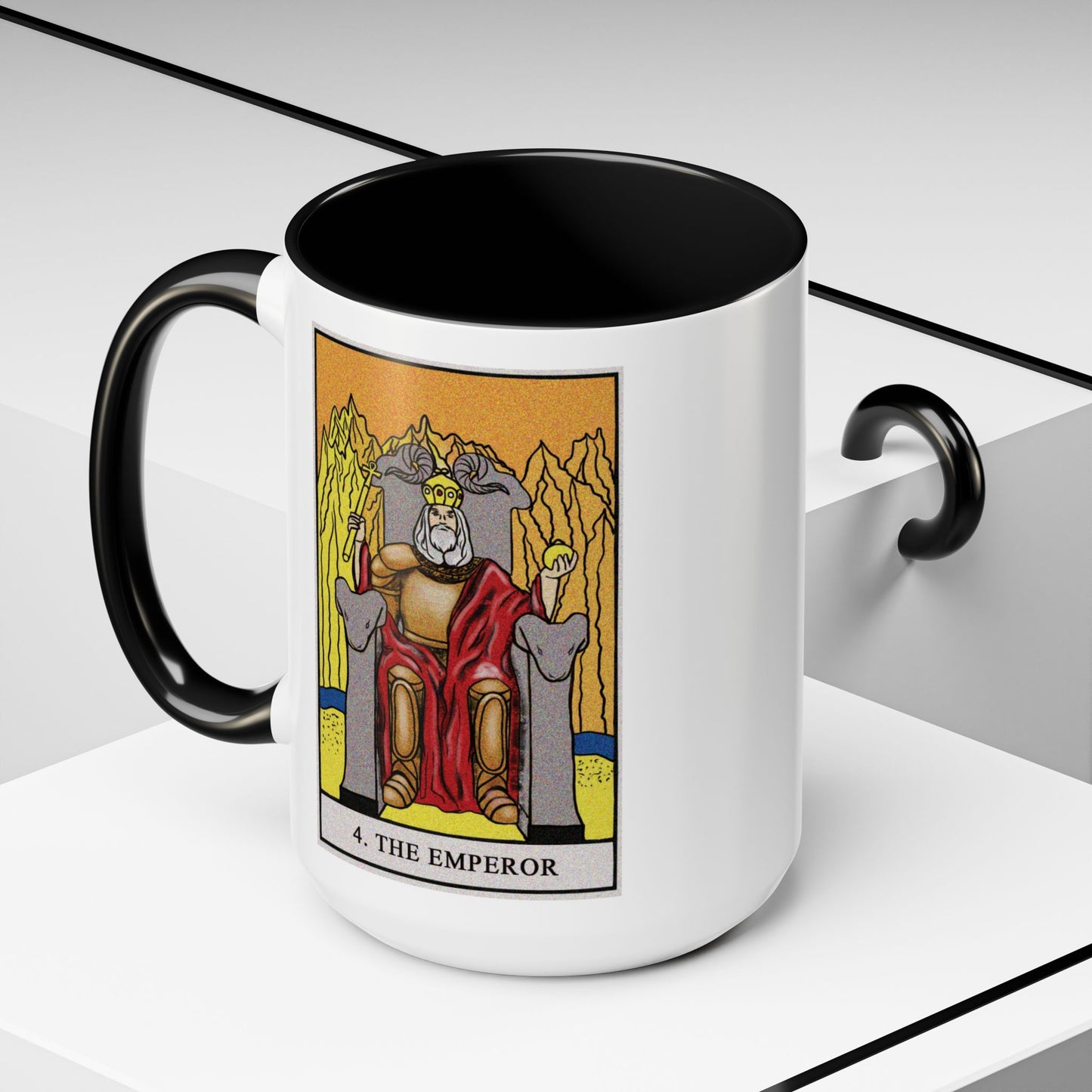 The Emperor Tarot Card Coffee Mug - Double Sided Black Accent White Ceramic 15oz by TheGlassyLass.com