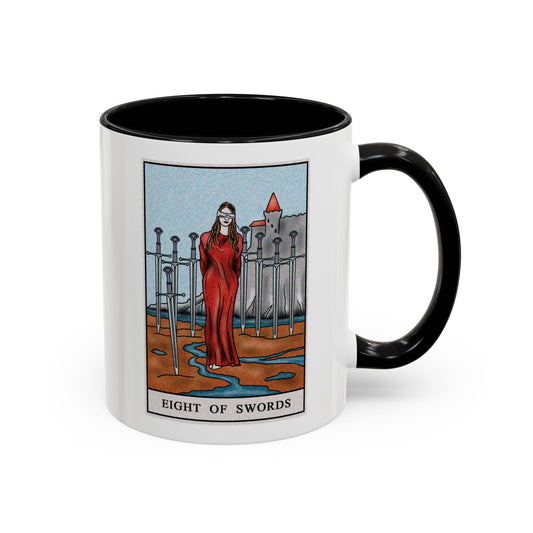 Eight of Swords Tarot Card Coffee Mug - Double Sided Print, Black Accent White Ceramic, 11oz by TheGlassyLass.com