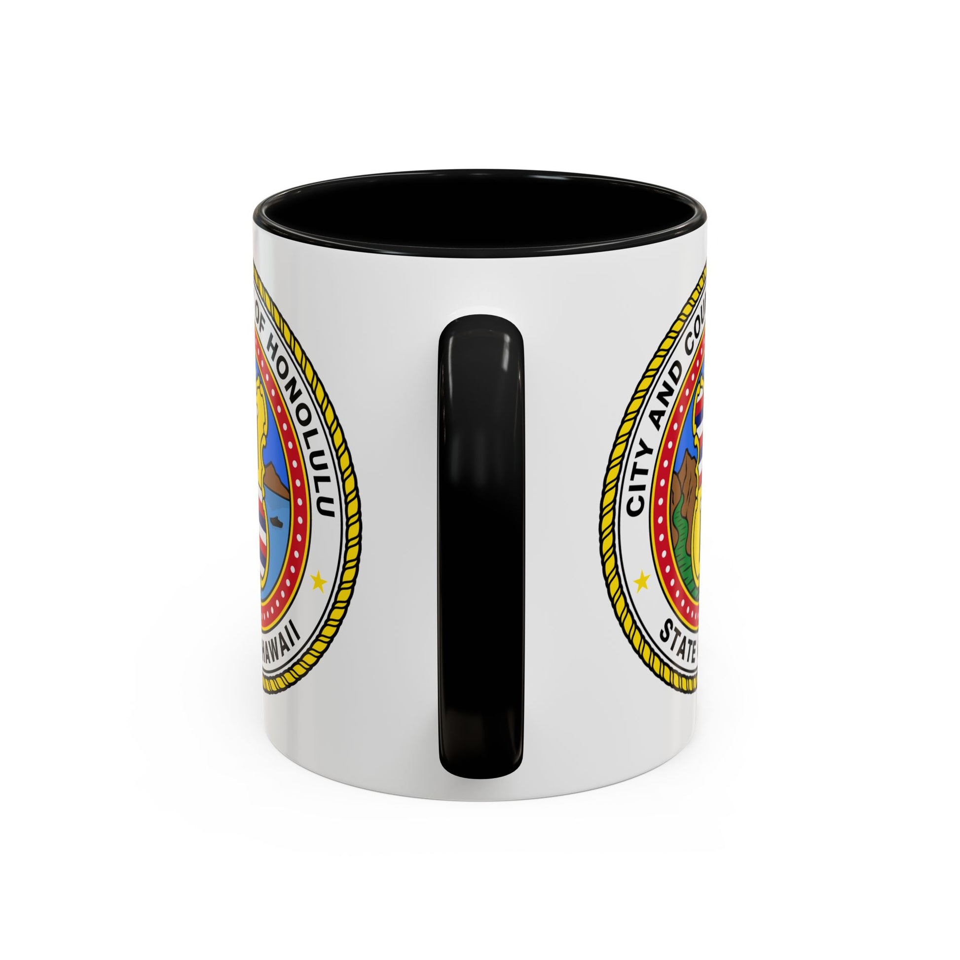 Honolulu City / County Seal Coffee Mug - Double Sided Print, Black Accent White Ceramic, 11oz by TheGlassyLass.com