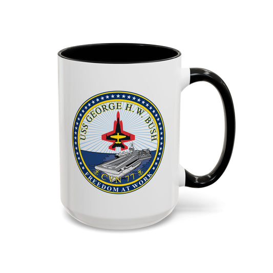 USS George H.W. Bush CVN 77 Seal Coffee Mug - Double Sided Print, Black Accent White Ceramic, 15oz by TheGlassyLass.com