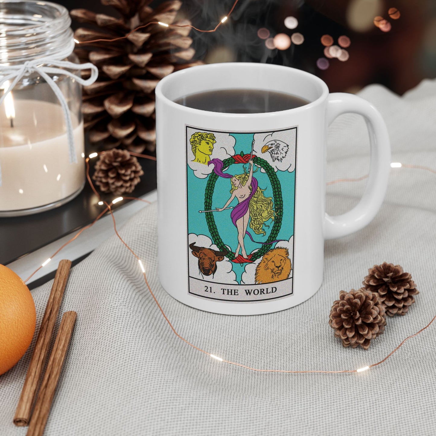The World Tarot Card Coffee Mug - Double Sided Print, White Ceramic, 11oz by TheGlassyLass