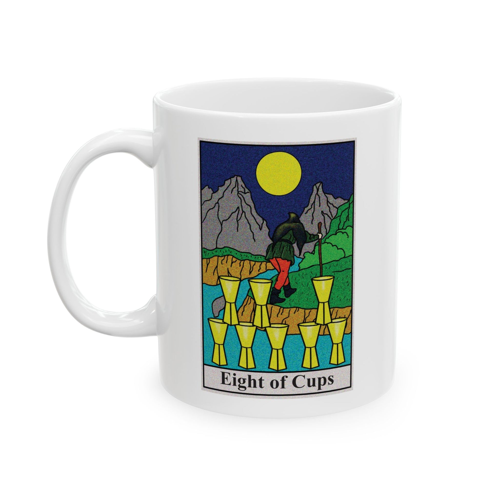 Eight of Cups Tarot Card Coffee Mug - Double Sided Print, White Ceramic, 11oz by TheGlassyLass.com