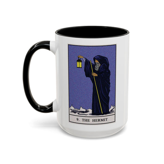 The Hermit Tarot Card Coffee Mug - Double Sided Black Accent White Ceramic 15oz by TheGlassyLass.com