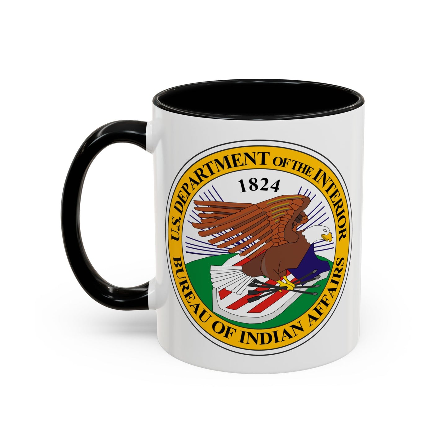 Bureau of Indian Affairs Seal Coffee Mug - Double Sided Print, Black Accent White Ceramic, 11oz by TheGlassyLass.com
