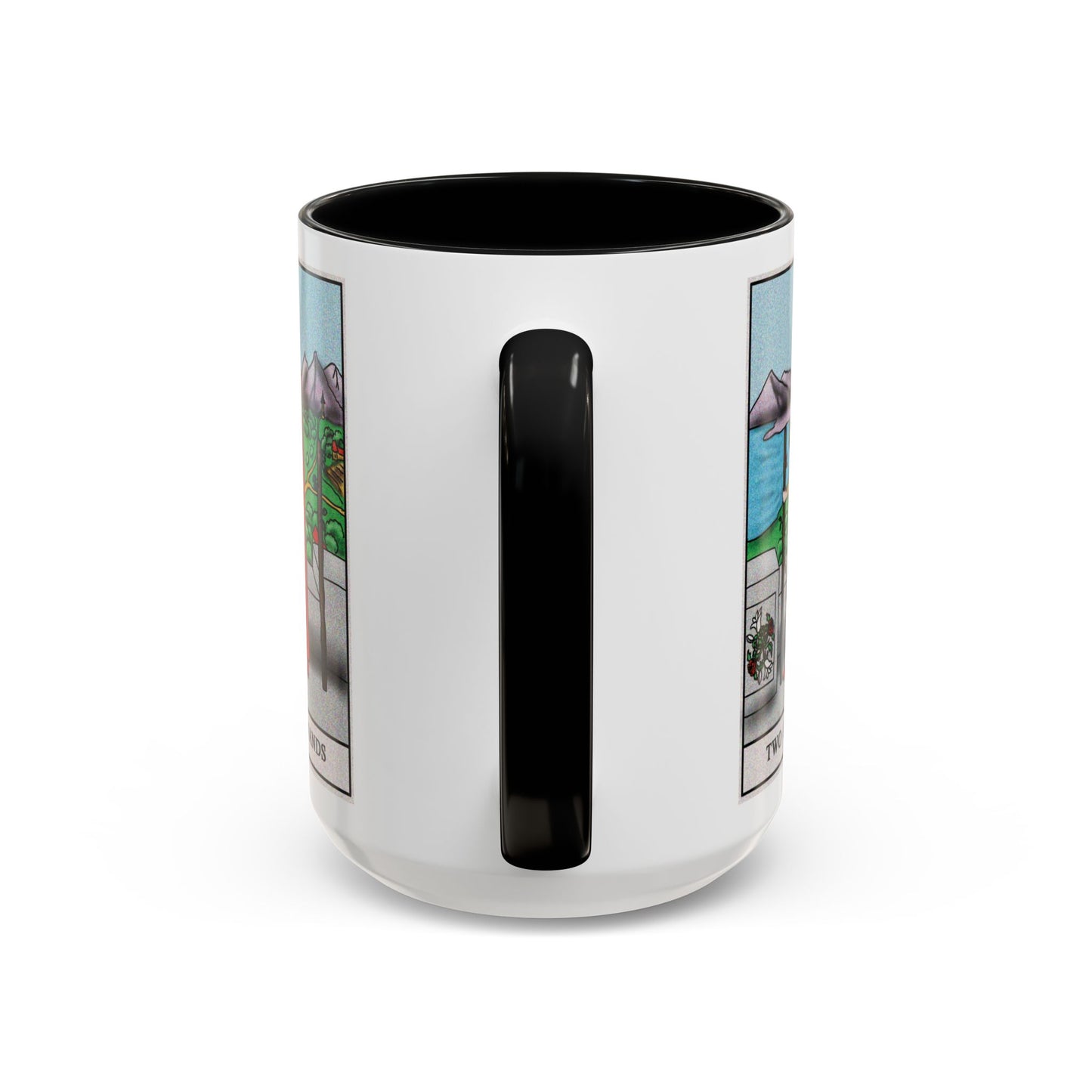Two of Wands Tarot Card Coffee Mug - Double Sided Black Accent White Ceramic 15oz by TheGlassyLass.com