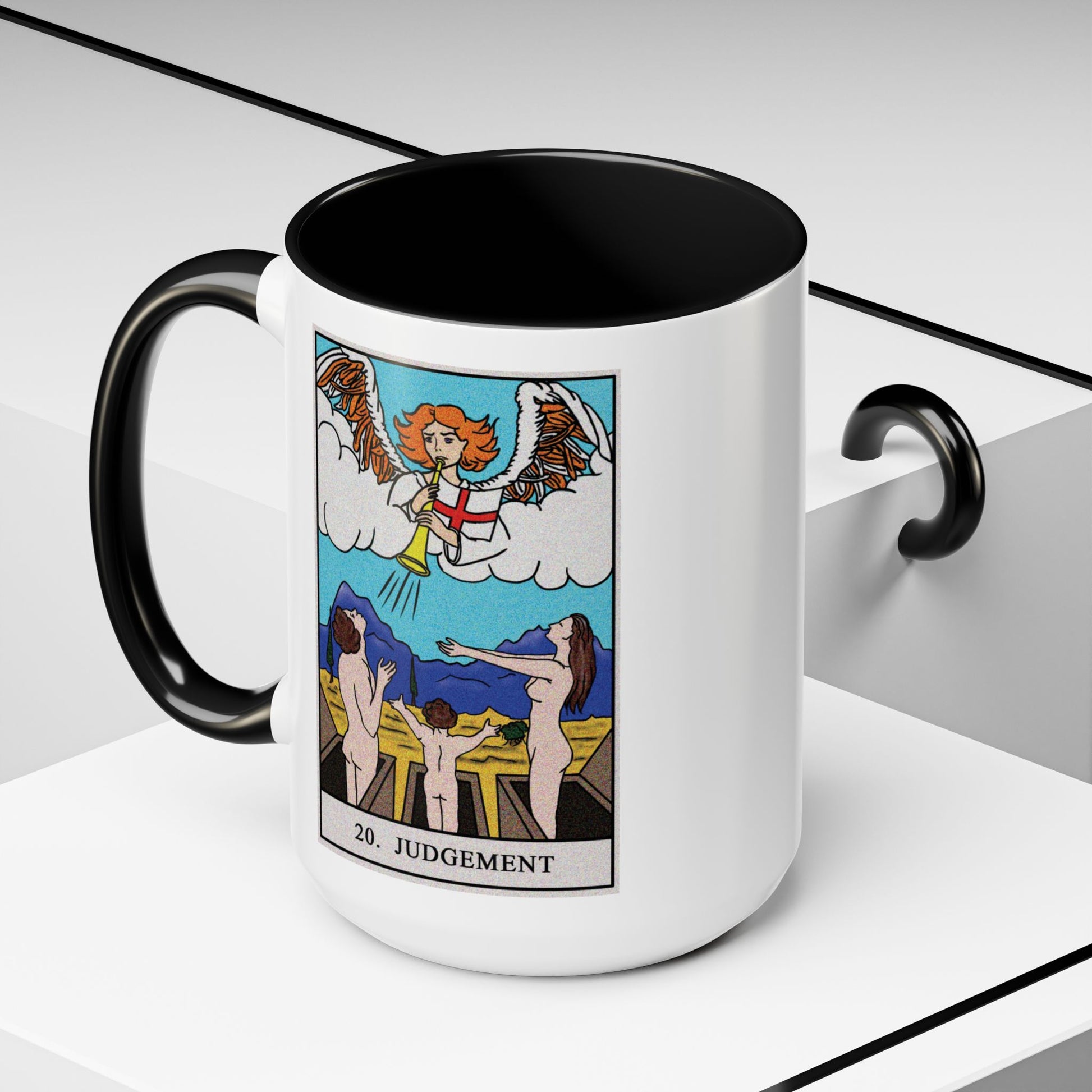 The Judgement Tarot Card Coffee Mug - Double Sided Black Accent White Ceramic 15oz by TheGlassyLass.com