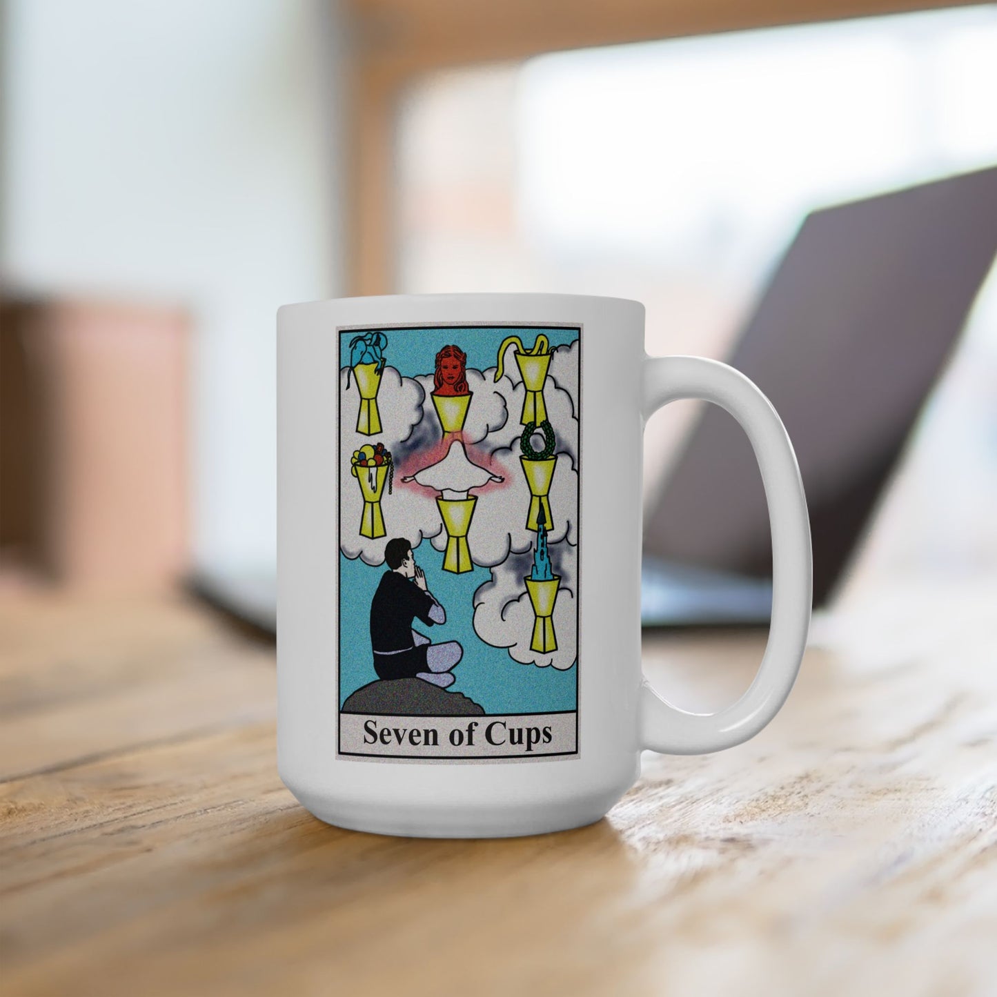 Seven of Cups Tarot Card Coffee Mug - Double Sided White Ceramic 15oz by TheGlassyLass.com