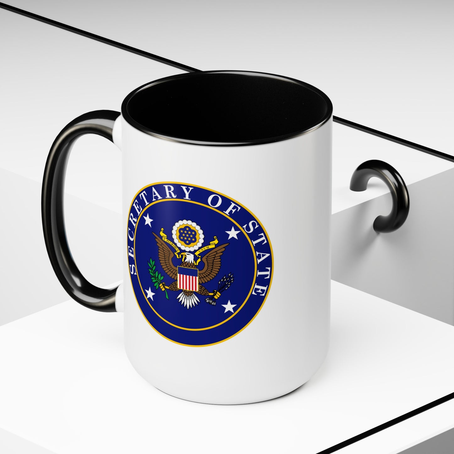 US Secretary of State Coffee Mug - Double Sided Print Two Tone Black Accent White Ceramic 15oz by TheGlassyLass.com