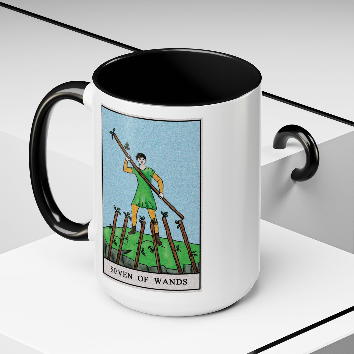 Seven of Wands Tarot Card Coffee Mug - Double Sided Black Accent White Ceramic 15oz by TheGlassyLass