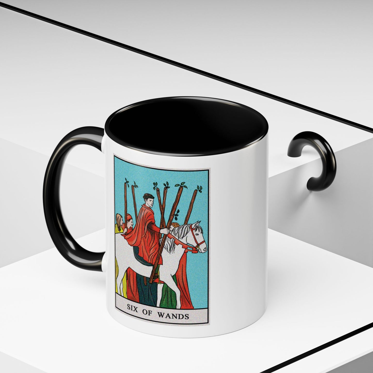 Six of Wands Tarot Card Coffee Mug - Double Sided Print, Black Accent White Ceramic, 11oz by TheGlassyLass.com