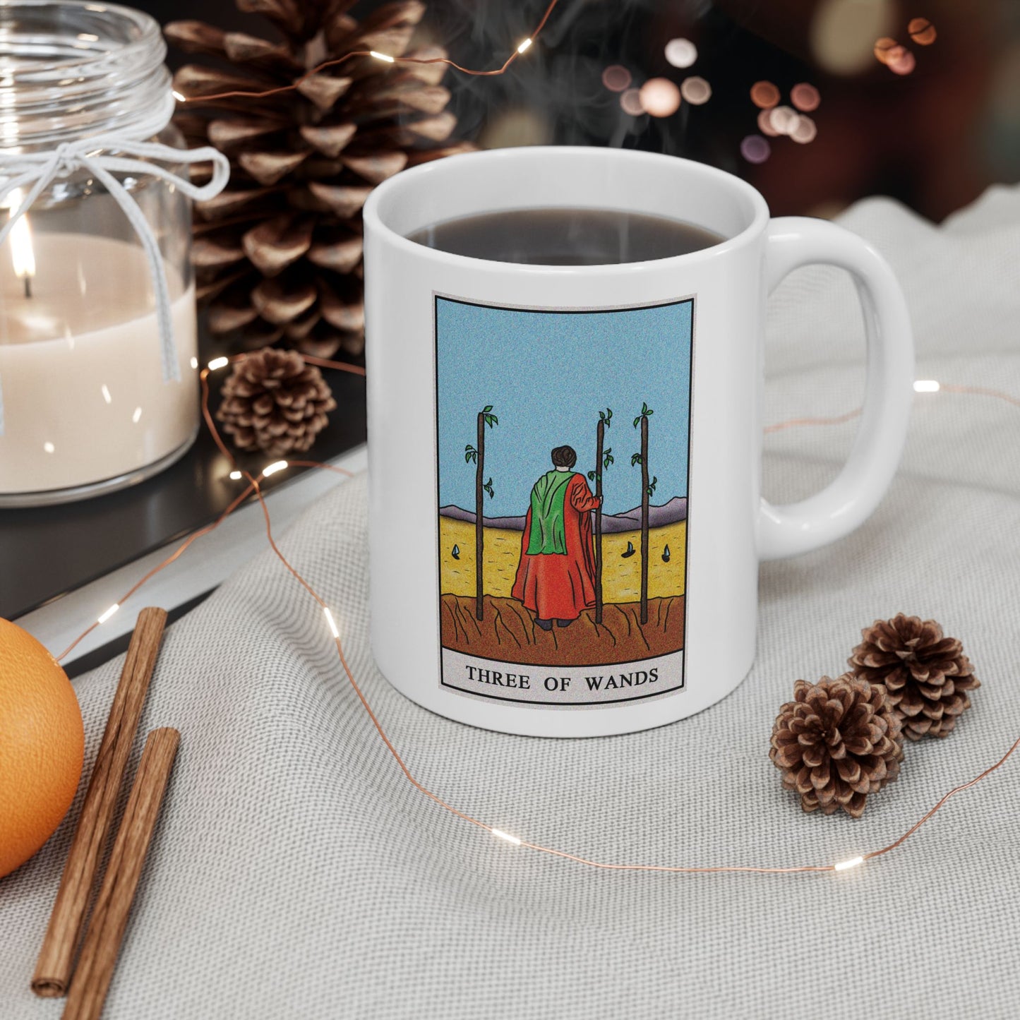 Three of Wands Tarot Card Coffee Mug - Double Sided Print, White Ceramic, 11oz by TheGlassyLass.com
