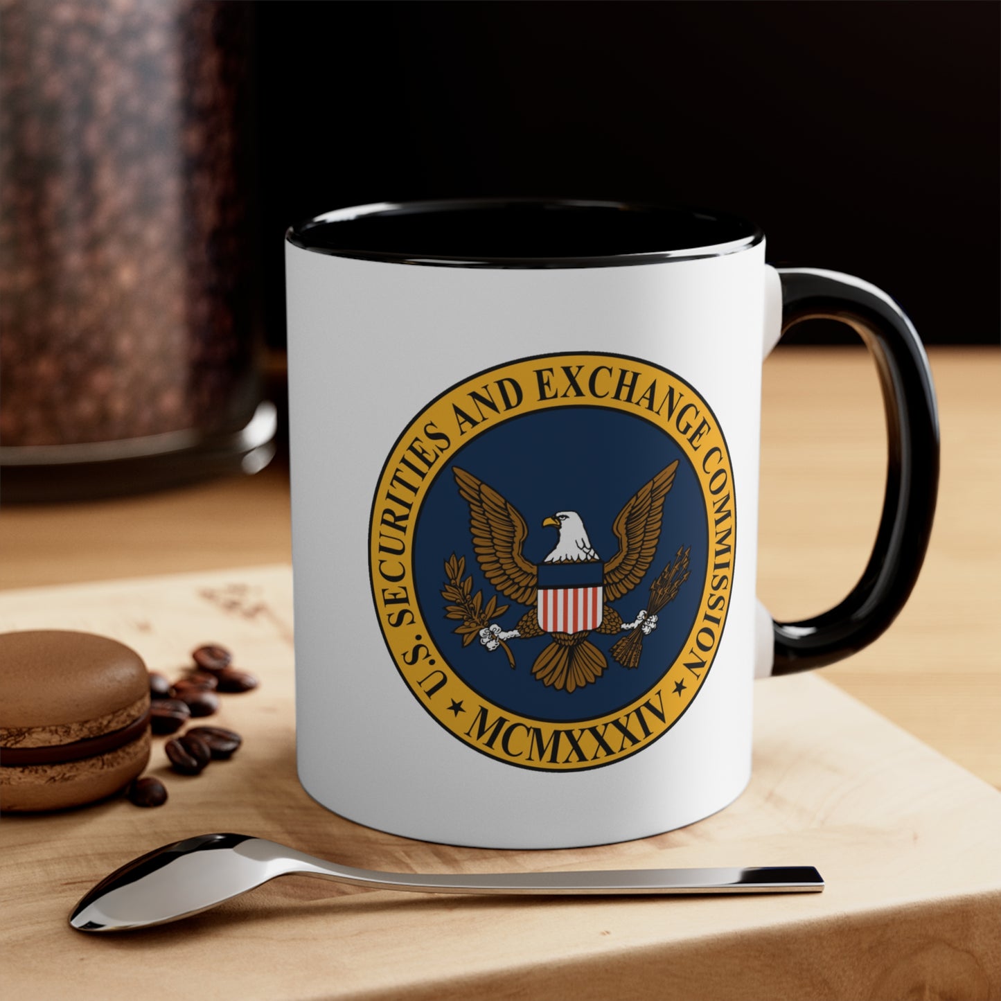 SEC Logo Coffee Mug - Double Sided Black Accent White Ceramic 11oz by TheGlassyLass.com