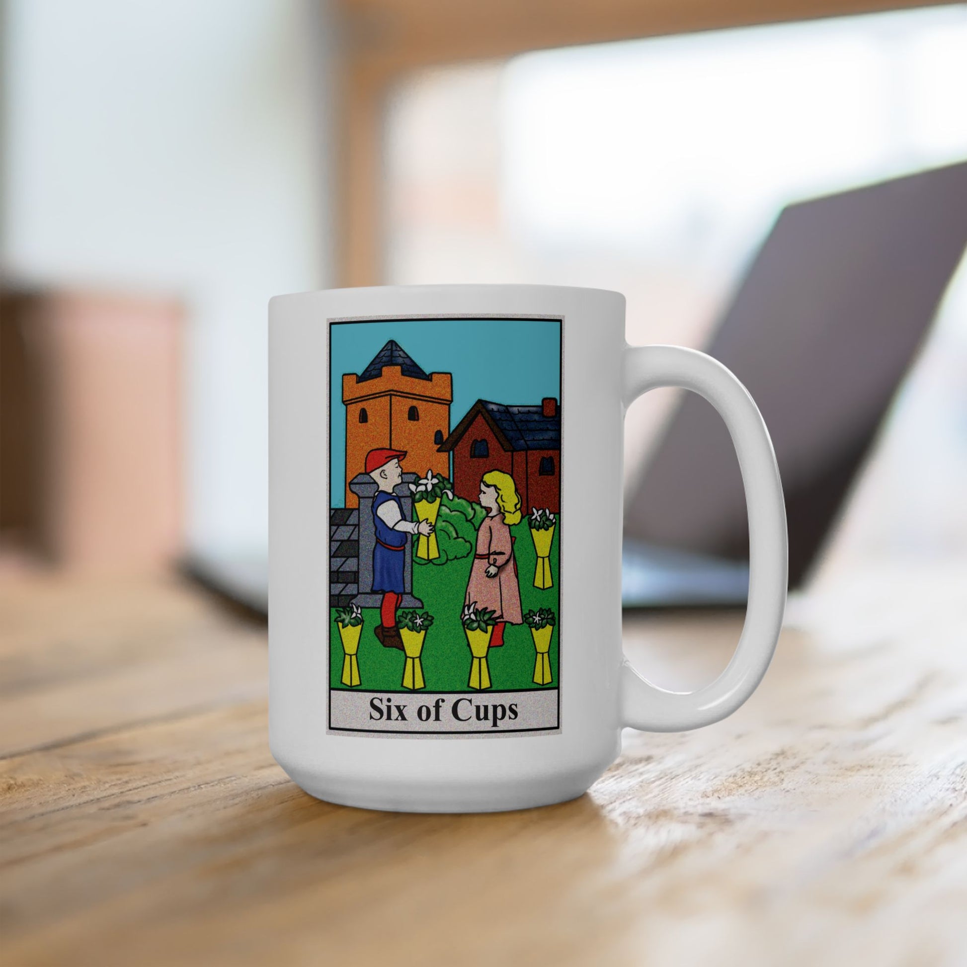 Six of Cups Tarot Card Coffee Mug - Double Sided White Ceramic 15oz by TheGlassyLass.com