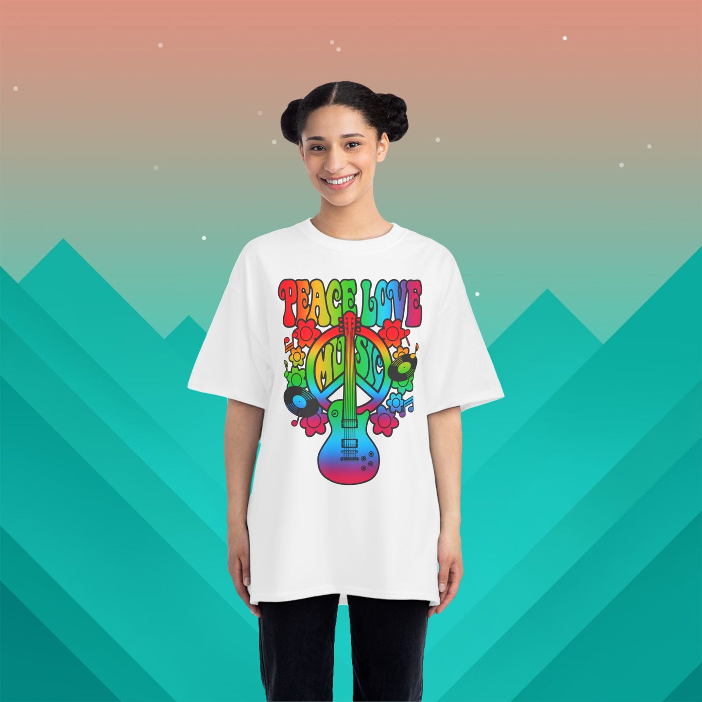 Peace Love Music Hippie T-Shirt: (Hanes Beefy-T 100% Preshrunk Cotton Custom Printed by TheGlassyLass.com