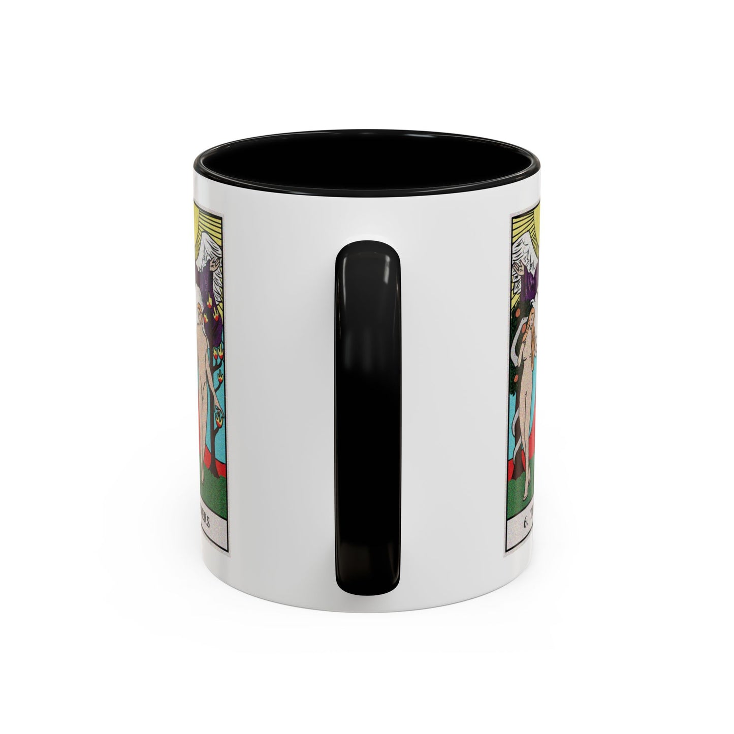 The Lovers Tarot Card Coffee Mug - Double Sided Print, Black Accent White Ceramic, 11oz by TheGlassyLass.com