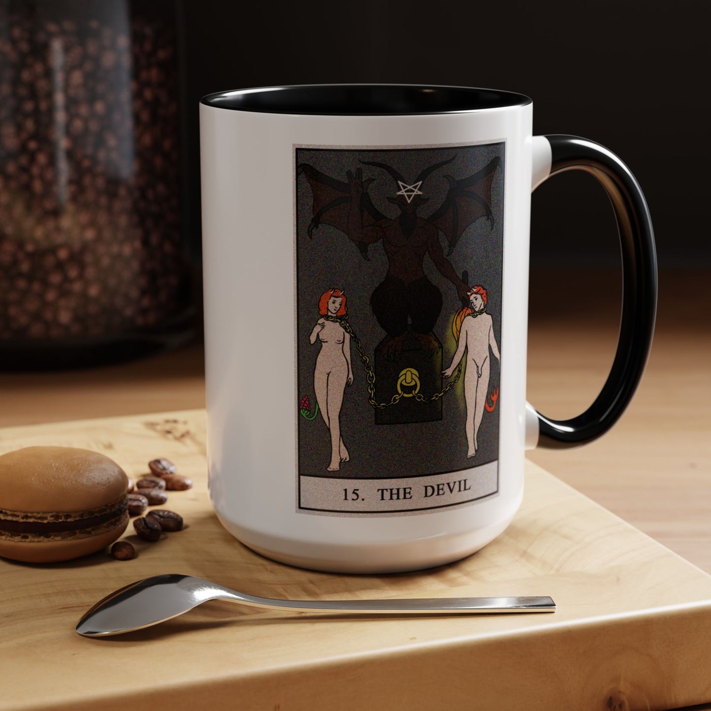 The Devil Tarot Card Coffee Mug - Double Sided Black Accent White Ceramic 15oz by TheGlassyLass.com