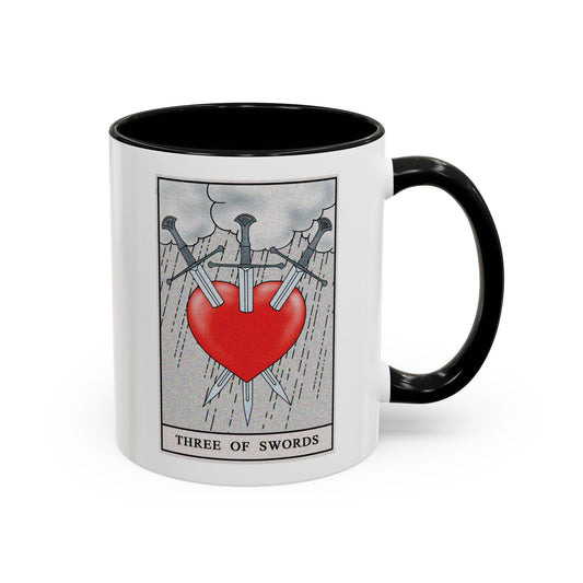 Three of Swords Tarot Card Coffee Mug - Double Sided Print, Black Accent White Ceramic, 11oz by TheGlassyLass.com