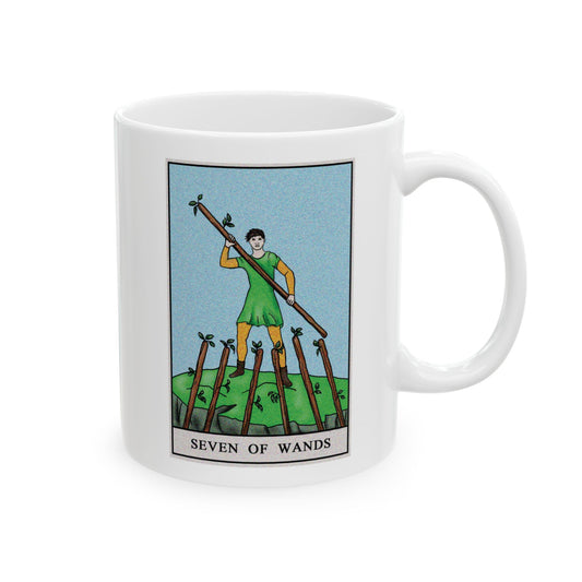 Seven of Wands of Wands Tarot Card Coffee Mug - Double Sided Print, White Ceramic, 11oz by TheGlassyLass.com