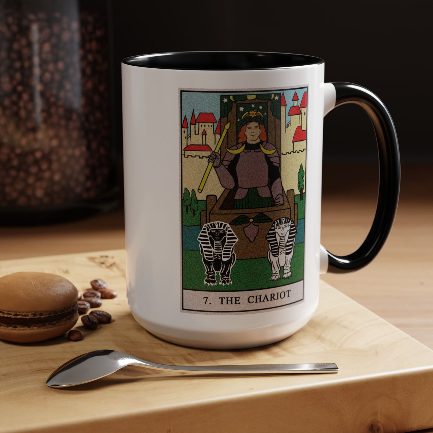 The Chariot Tarot Card Coffee Mug - Double Sided Black Accent White Ceramic 15oz by TheGlassyLass.com