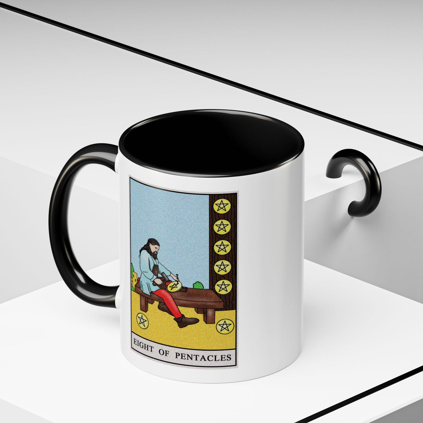Eight of Pentacles Tarot Card Coffee Mug - Double Sided Print, Black Accent White Ceramic, 11oz by TheGlassyLass.com