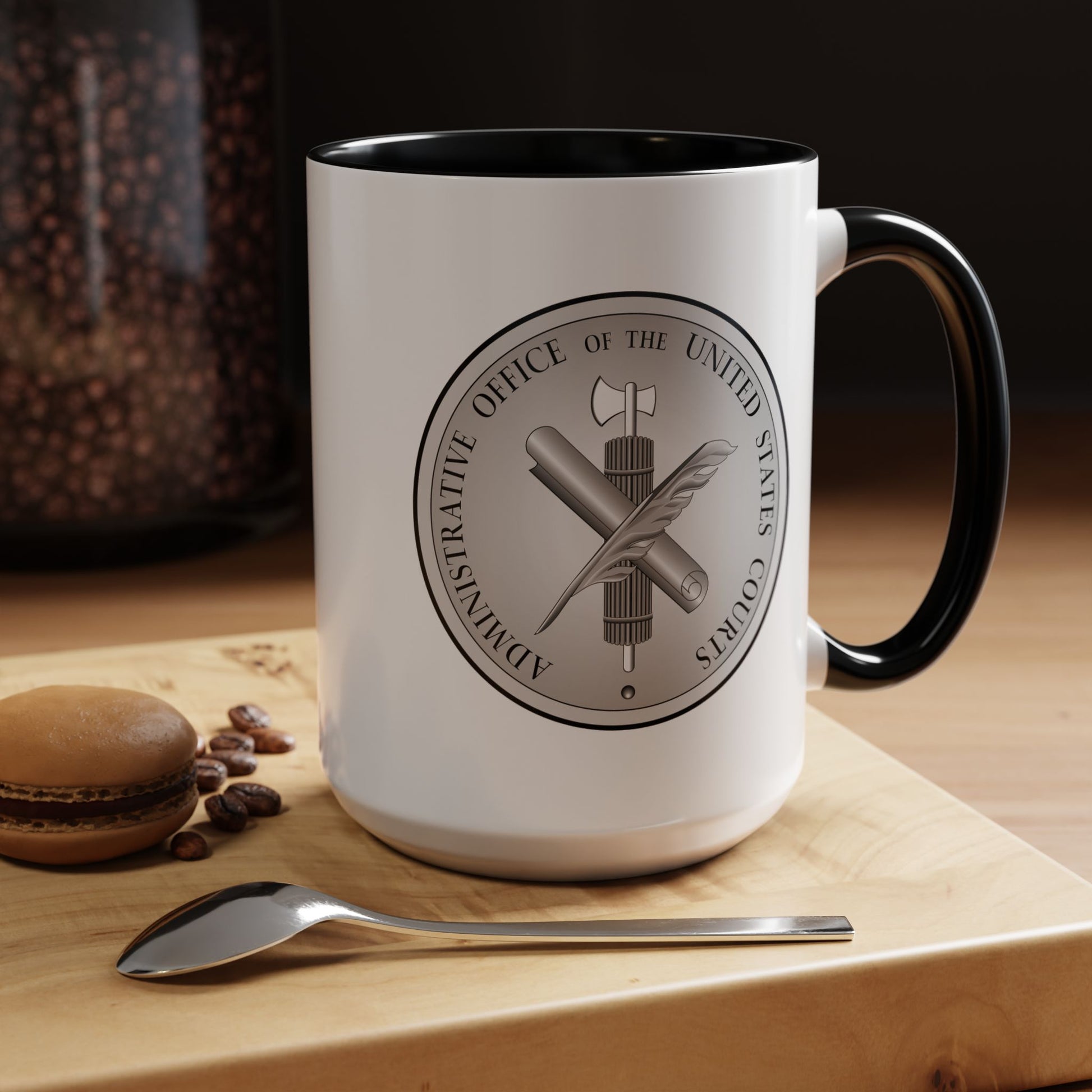 Administrative Office of the United States Courts Seal Coffee Mug - Double Sided Black Accent White Ceramic 15oz by TheGlassyLass.com