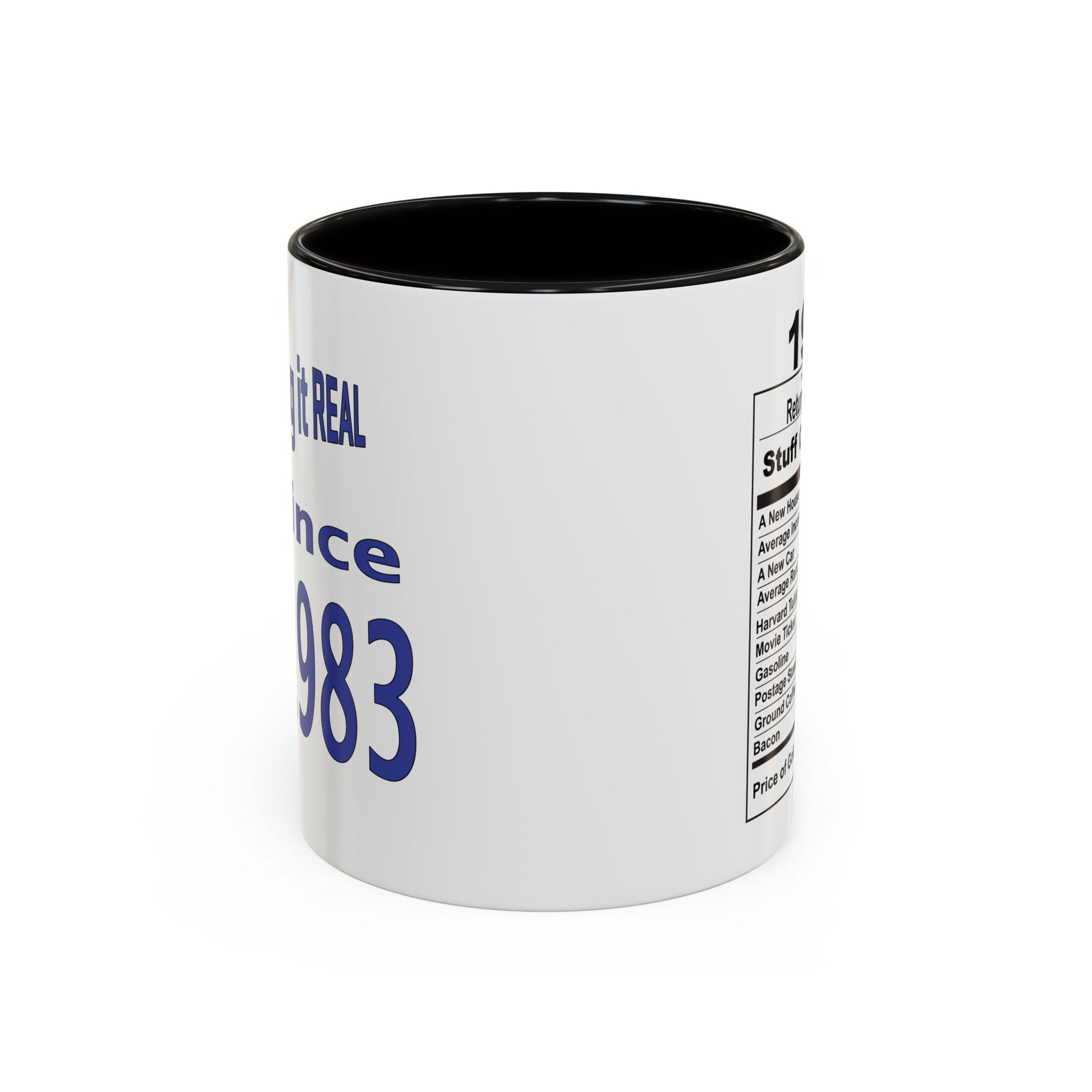 Keepin it Real Since 1983 Coffee Mug - Double Sided Print, Black Accent White Ceramic, 11oz by TheGlassyLass.com