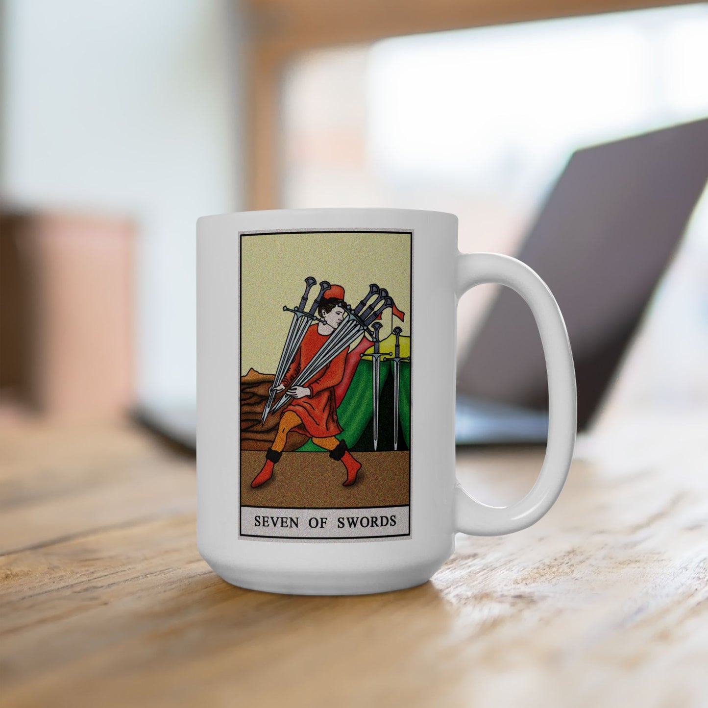 Seven of Swords Tarot Card Coffee Mug - Double Sided White Ceramic 15oz by TheGlassyLass.com