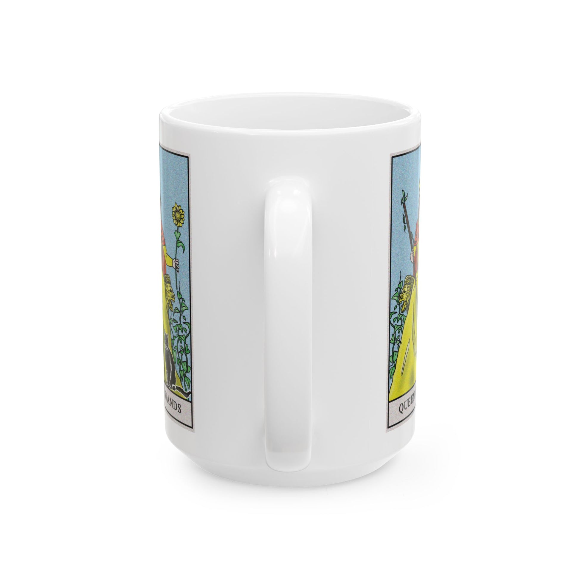 Queen of Wands Tarot Card Coffee Mug - Double Sided White Ceramic 15oz by TheGlassyLass.com