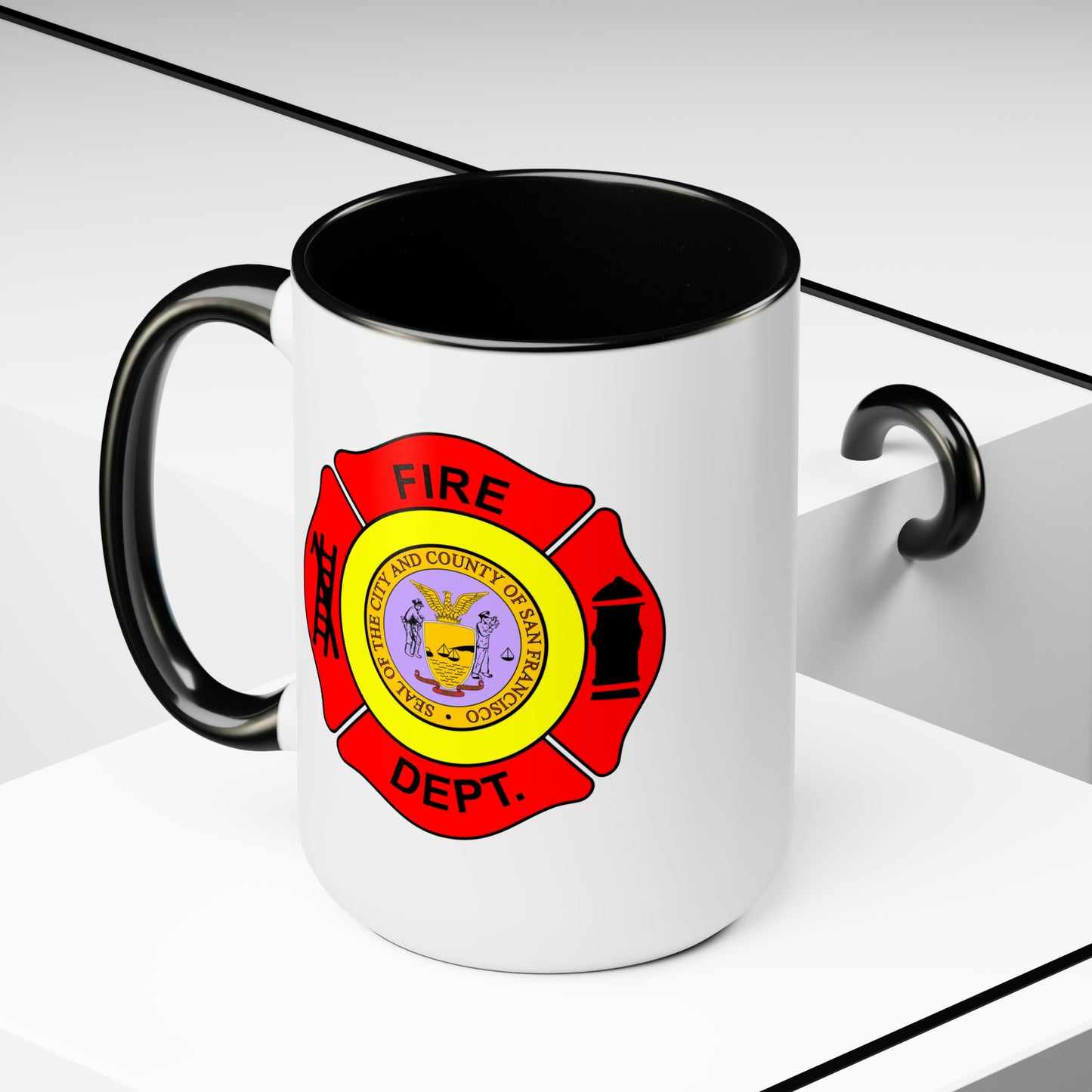 San Francisco Fire Department Coffee Mug - Double Sided Black Accent White Ceramic 15oz by TheGlassyLass