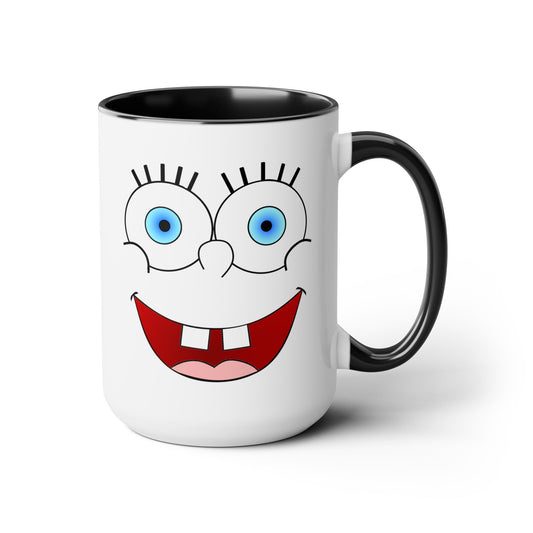 SpongeBob ish Coffee Mug - Double Sided Black Accent White Ceramic 15oz by TheGlassyLass.com