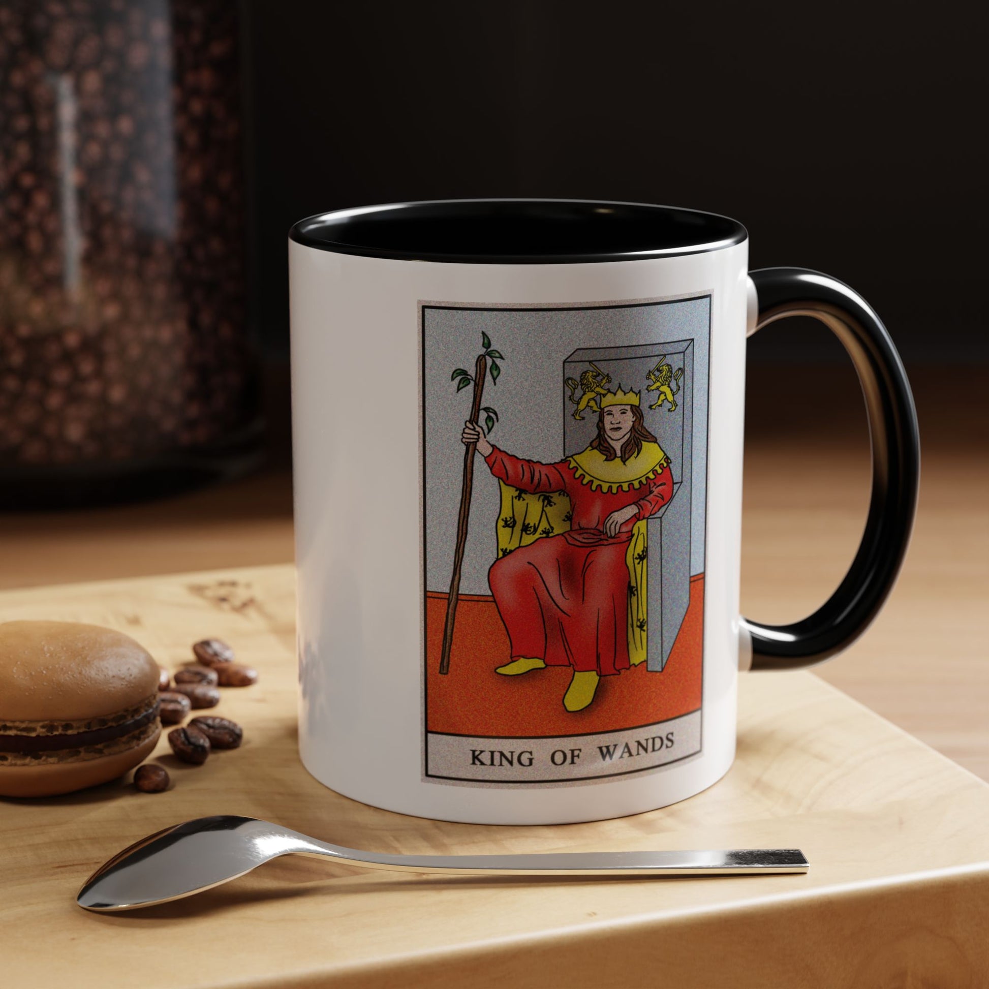 King of Wands Tarot Card Coffee Mug - Double Sided Print, Black Accent White Ceramic, 11oz by TheGlassyLass.com