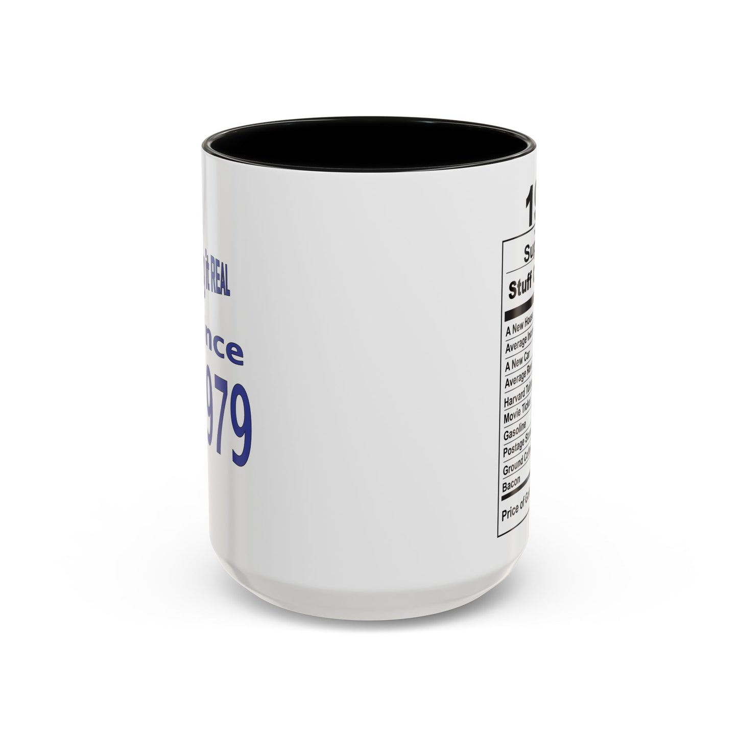 Keepin it Real Since 1979 Coffee Mug - Double Sided Print, Black Accent White Ceramic, 15oz by TheGlassyLass.com