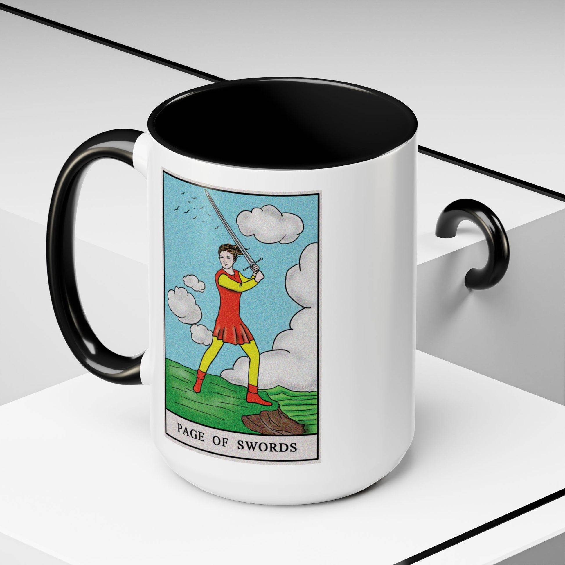 Page of Swords Tarot Card Coffee Mug - Double Sided Black Accent White Ceramic 15oz by TheGlassyLass.com