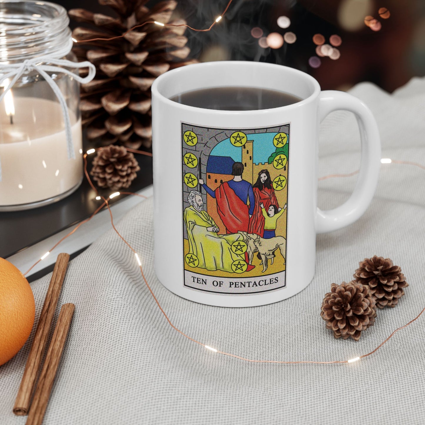 Ten of Pentacles Tarot Card Coffee Mug - Double Sided Print, White Ceramic, 11oz by TheGlassyLass.com
