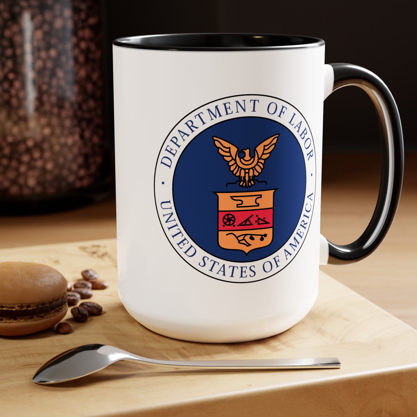 Department of Labor Coffee Mug - Double Sided Black Accent White Ceramic 15oz by TheGlassyLass.com