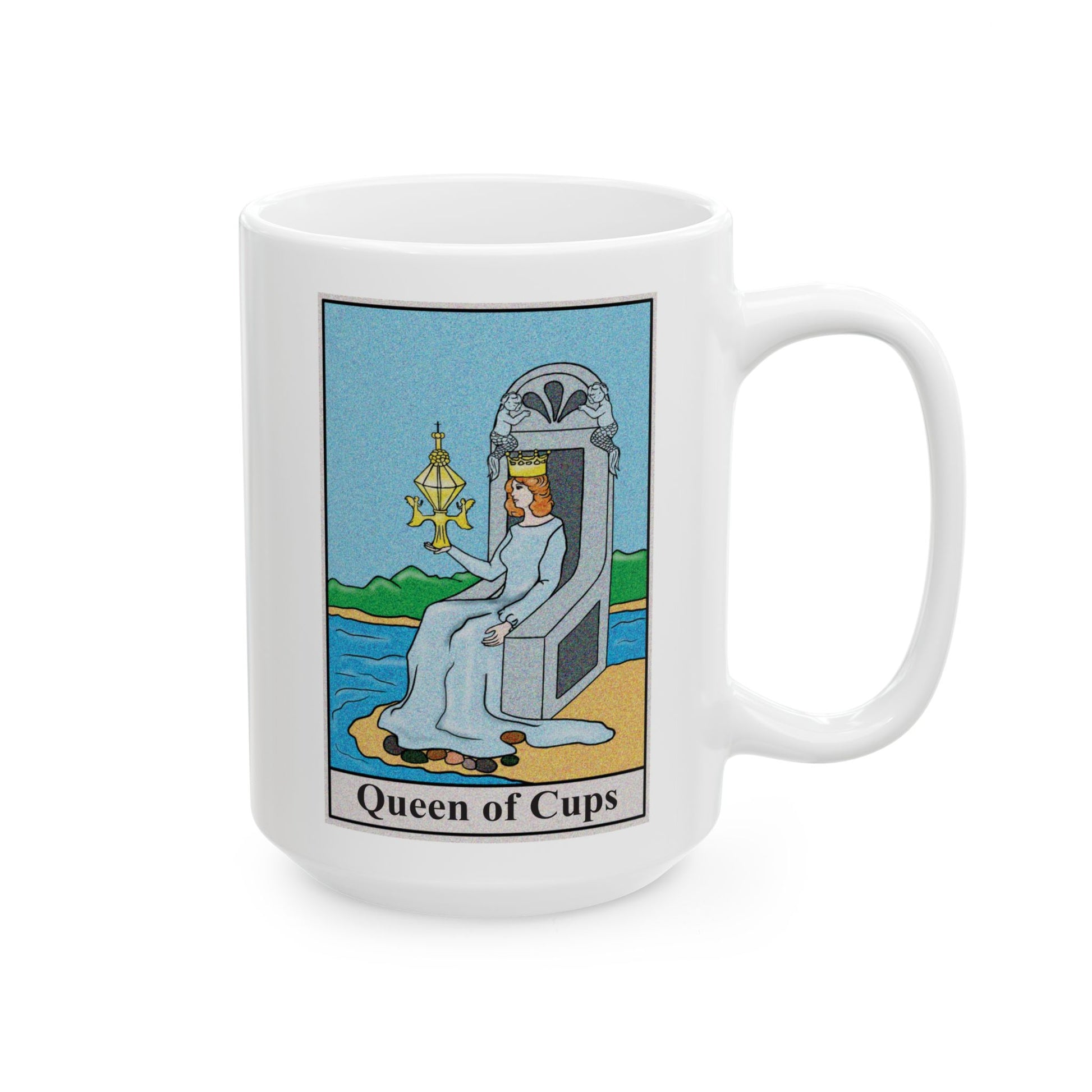Queen of Cups Tarot Card Coffee Mug - Double Sided White Ceramic 15oz by TheGlassyLass.com