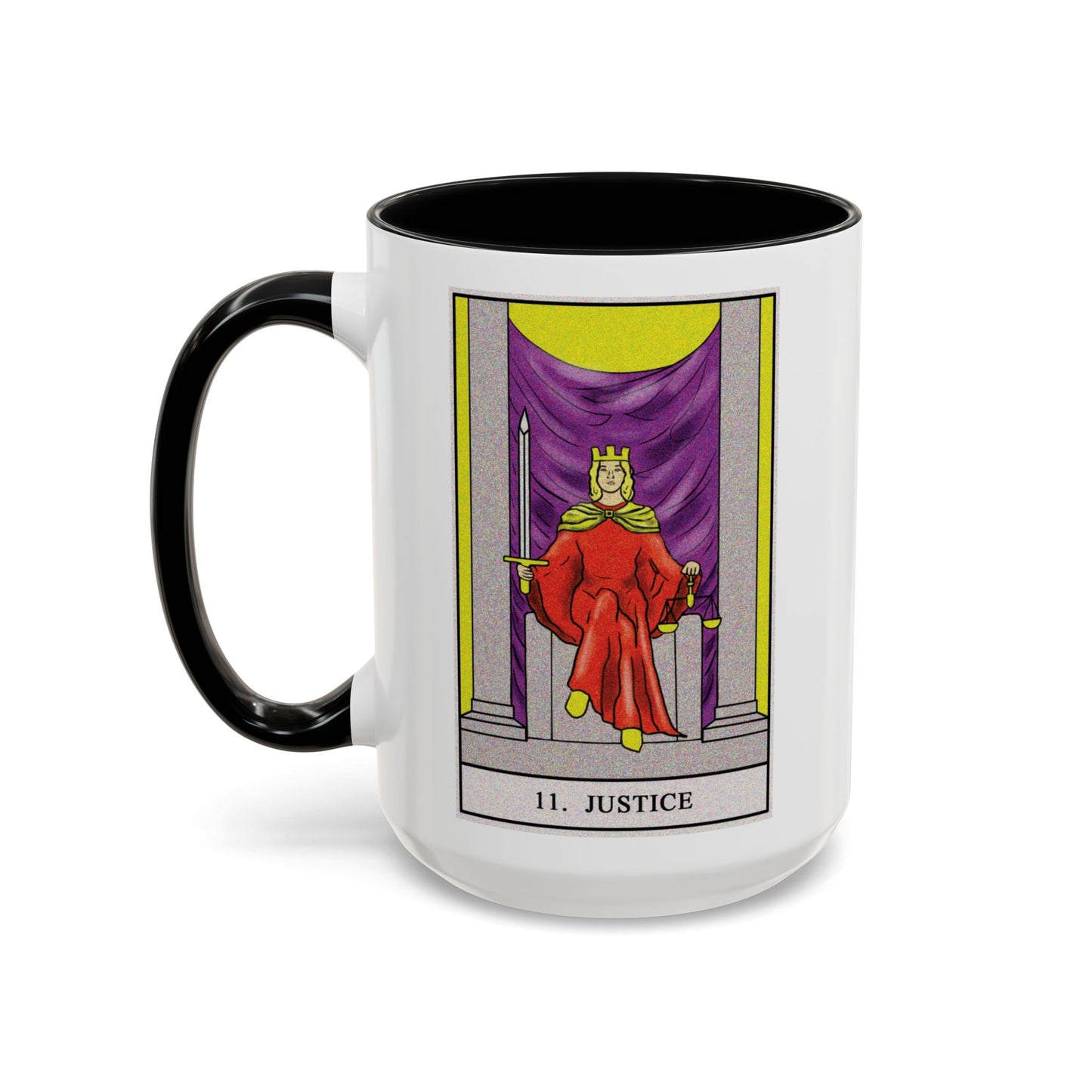 Justice Tarot Card Coffee Mug - Double Sided Black Accent White Ceramic 15oz by TheGlassyLass.com
