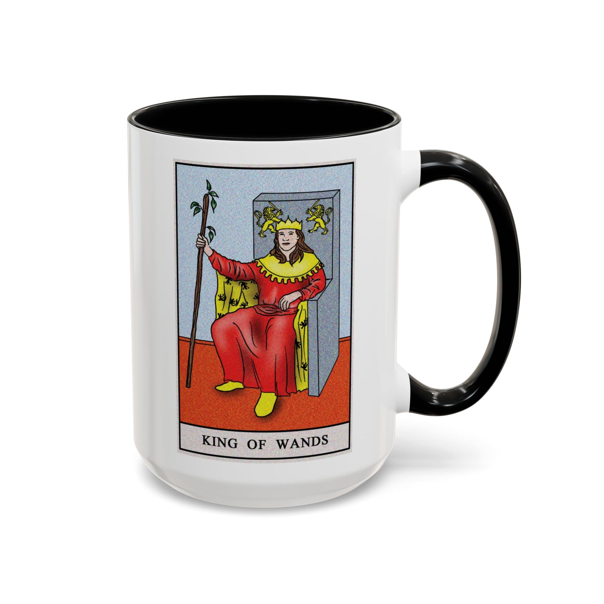 King of Wands Tarot Card Coffee Mug - Double Sided Black Accent White Ceramic 15oz by TheGlassyLass.com