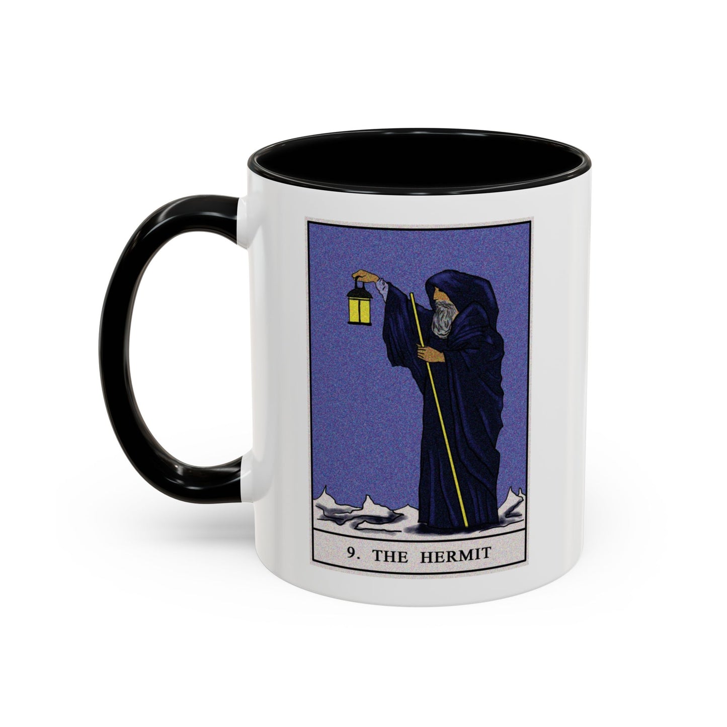 The Hermit Tarot Card Coffee Mug - Double Sided Print, Black Accent White Ceramic, 11oz by TheGlassyLass.com