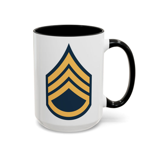 US Army Staff Sergeant (E-6) Stripes Coffee Mug - Double Sided Print, Black Accent White Ceramic, 15oz by TheGlassyLass.com