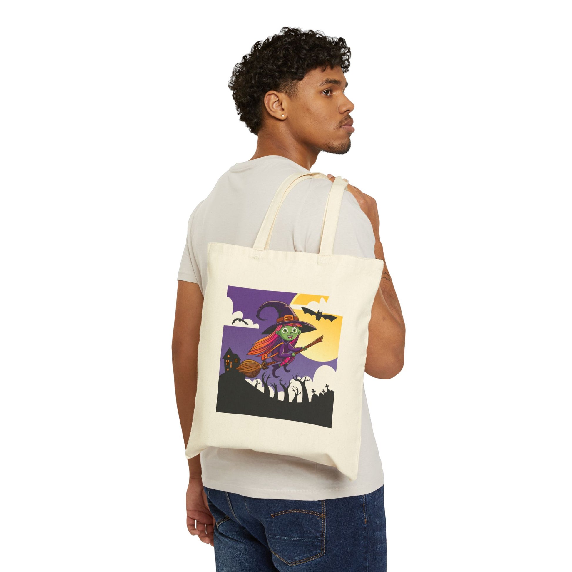 Flying Witch Haunted Halloween Trick or Treat Tote Bag - Heavyweight 100% Cotton Canvas by TheGlassyLass.com