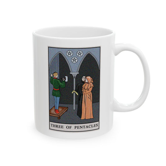 Three of Pentacles Tarot Card Coffee Mug - Double Sided Print, White Ceramic, 11oz by TheGlassyLass.com