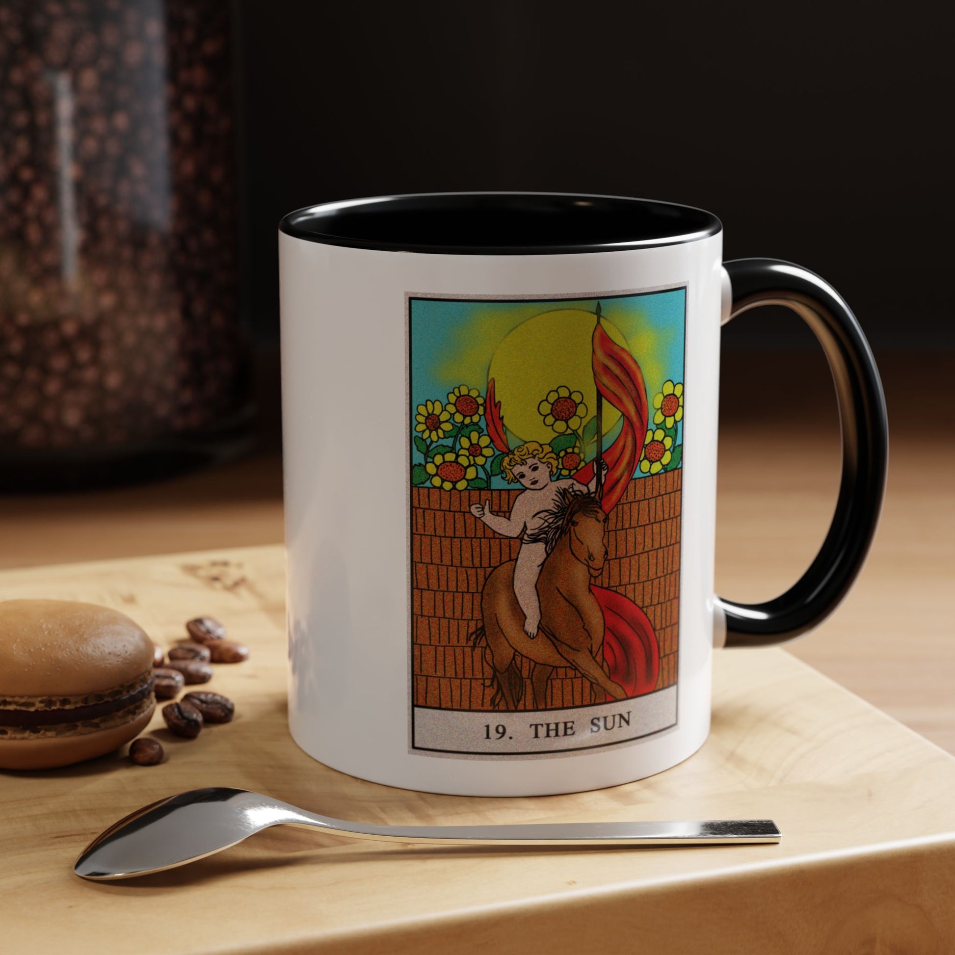The Sun Tarot Card Coffee Mug - Double Sided Print, Black Accent White Ceramic, 11oz by TheGlassyLass.com