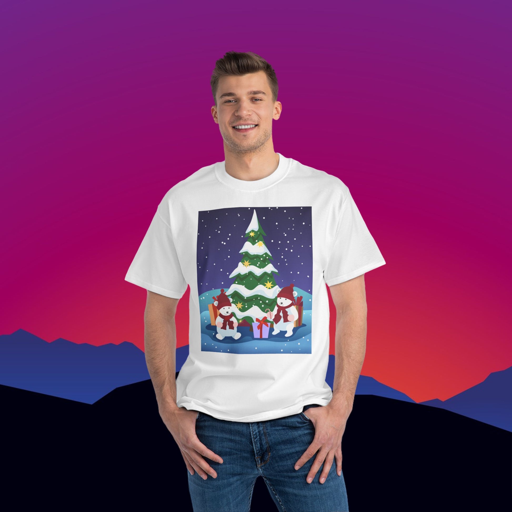 Polar Bear Christmas T-Shirt: (Hanes Beefy-T 100% Preshrunk Cotton Custom Printed by TheGlassyLass.com