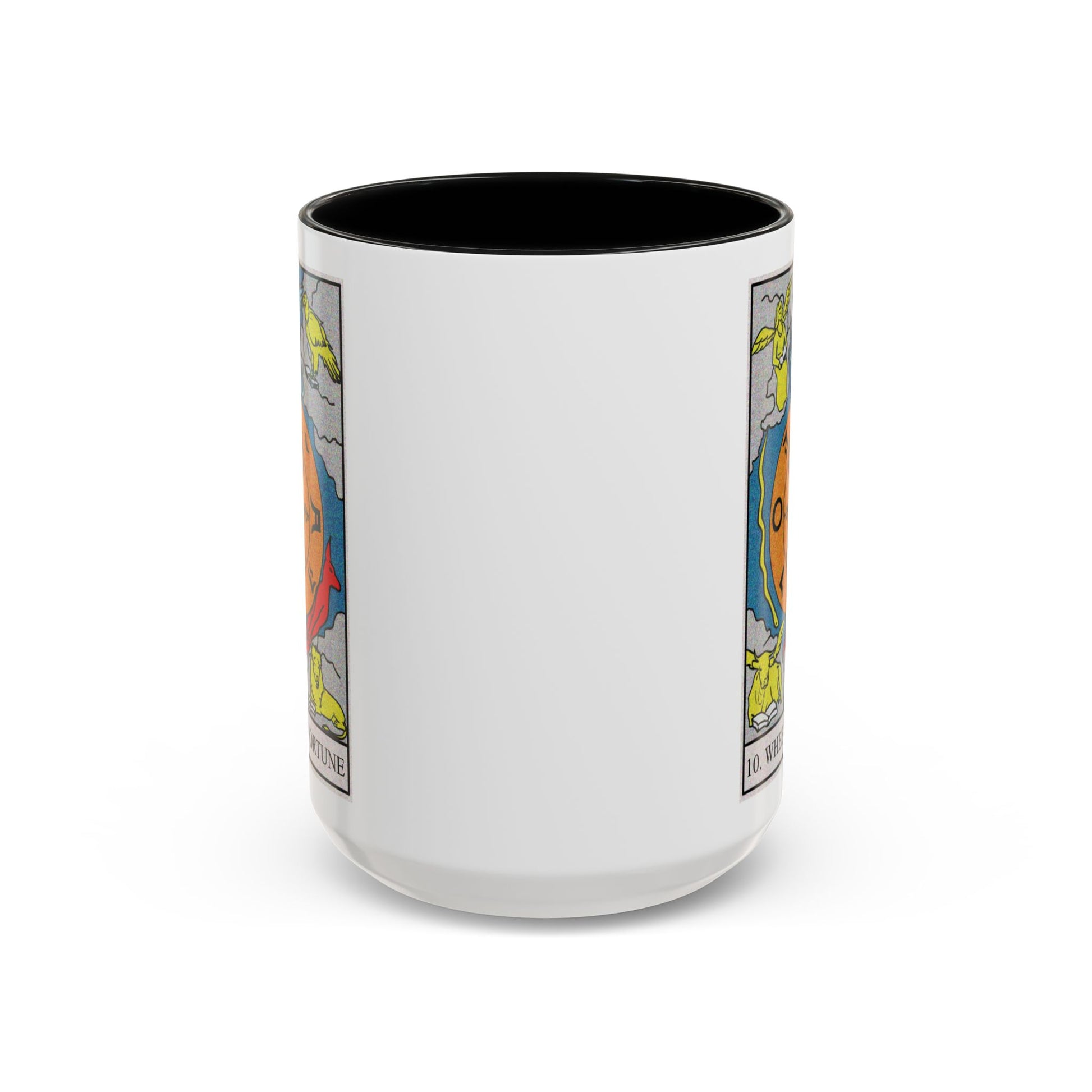 The Wheel of Fortune Tarot Card Coffee Mug - Double Sided Black Accent White Ceramic 15oz by TheGlassyLass.com