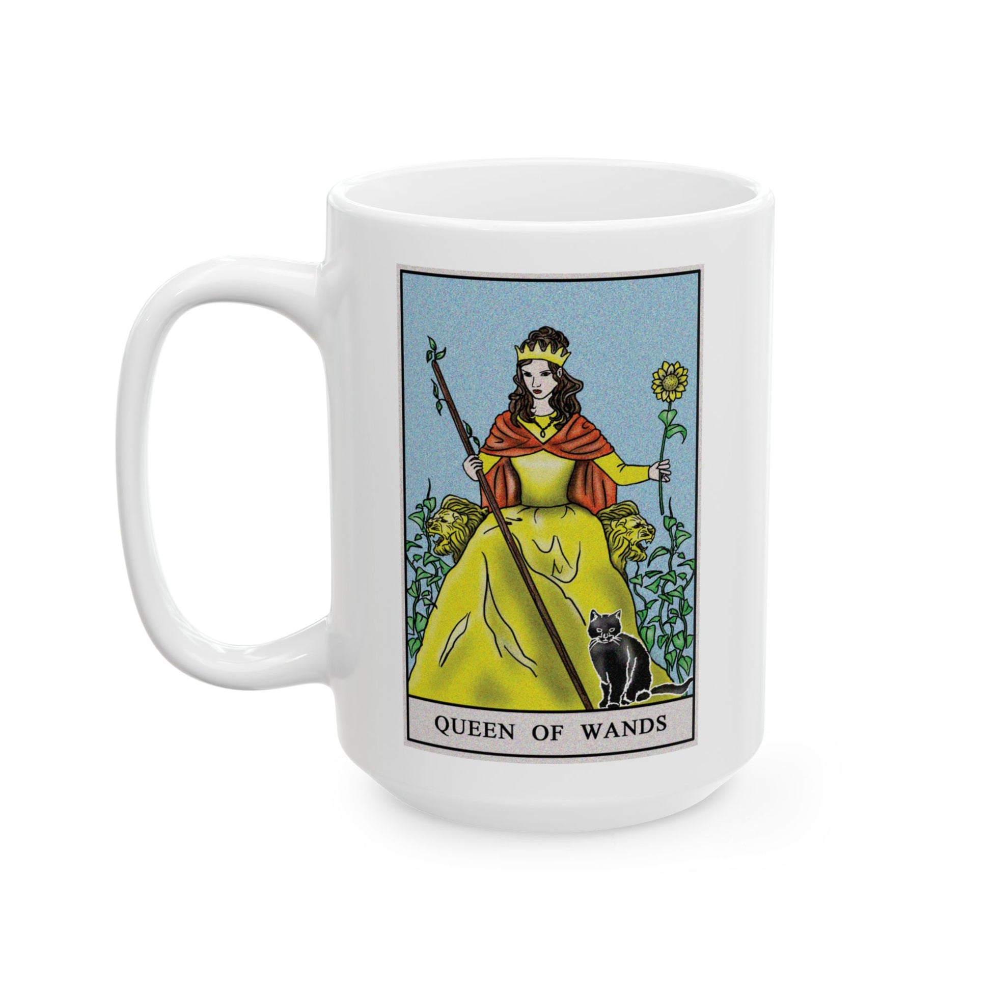 Queen of Wands Tarot Card Coffee Mug - Double Sided White Ceramic 15oz by TheGlassyLass.com